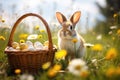 Easter Bunny Rabbit and basket full of Easter eggs walking in chamomile field. Bright sunny spring day