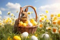 Easter Bunny Rabbit and basket full of Easter eggs walking in chamomile field. Bright sunny spring day