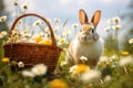 Easter Bunny Rabbit and basket full of Easter eggs walking in chamomile field. Bright sunny spring day