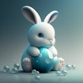Easter bunny rabbit with blue painted egg on blue background. Easter holiday concept. Water bubbles around the bunny Royalty Free Stock Photo