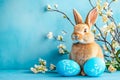 Easter bunny rabbit with blue painted egg on blue background. Easter holiday concept Royalty Free Stock Photo