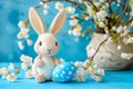 Easter bunny rabbit with blue painted egg on blue background. Easter holiday concept Royalty Free Stock Photo