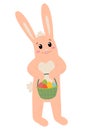 Easter bunny rabbit cartoon character holding basket full of painted Easter eggs isolated on white background. Trendy Royalty Free Stock Photo