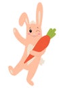 Easter bunny rabbit cartoon character holding big carrot isolated on white background. Trendy Easter design. Flat vector Royalty Free Stock Photo