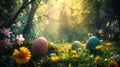 Easter Bunny rabbit with egg in wonderland. Generative AI