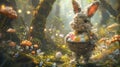 Easter Bunny rabbit with egg in wonderland. Generative AI