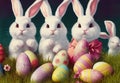 Easter bunny or rabbit family, spring meadow with colorful eggs flowers, holiday greeting card, generative ai