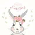 Easter bunny rabbit hare mascot character face. Flowers leaves decoration. Isolated on white background.