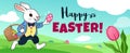 Easter bunny rabbit running in field, carrying basket full of candy eggs, eggs hidden in grass, blue sky with clouds in background