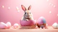 Easter bunny rabbit sitting in a cracked egg on pastel pink background. Generative AI Royalty Free Stock Photo