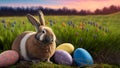 Easter bunny or rabbit on spring meadow with colorful eggs flowers at sintise, holiday greeting card, generative ai Royalty Free Stock Photo