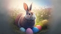 Easter bunny or rabbit on spring meadow with colorful eggs flowers at sintise, holiday greeting card, generative ai Royalty Free Stock Photo