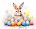 The Easter bunny rabbit is surrounded by eggs with a watercolour effect which is useful.