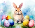 The Easter bunny rabbit is surrounded by eggs with a watercolour effect which is useful.