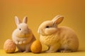 Easter bunny rabbit with yellow painted egg on yellow background