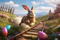 Easter Bunny Racing with Easter Eggs Flying in Sunny Landscape