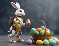 Easter bunny robot carries a basket of Easter colorful eggs on clear transparent glass background