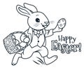 Easter bunny running with basket full of chocolate eggs coloring page vector cartoon illustration. Spring, Easter, egg hunt, Royalty Free Stock Photo