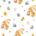 Easter bunny seamless pattern. Cute rabbit with a wicker basket and eggs. Spring. Hand drawn beautiful background, for easter Royalty Free Stock Photo