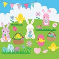 Easter Bunny set. Basket, Flower, Rabbit, Bunting, Easter Egg, Easter Chicks. Royalty Free Stock Photo