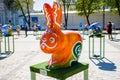 Easter Bunny shape painted in green and orange colors. Beautiful Easter art decoration .Kyiv Kiev, Ukraine