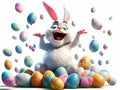 The Easter bunny sits laughing in a mountain full of colorful eggs