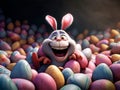 The Easter bunny sits laughing in a mountain full of colorful eggs