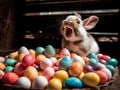 The Easter bunny sits laughing in a mountain full of colorful eggs