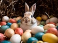 The Easter bunny sits laughing in a mountain full of colorful eggs