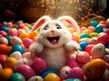 The Easter bunny sits laughing in a mountain full of colorful eggs