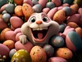 The Easter bunny sits laughing in a mountain full of colorful eggs