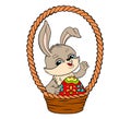 Easter Bunny sits in a basket and holds a painted egg. Vector illustration in flat cartoon style Royalty Free Stock Photo