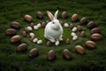 An Easter bunny sits in the center of a circle of chocolate Easter eggs lying on the grass, Generative AI.