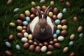 An Easter bunny sits in the center of a circle of chocolate Easter eggs lying on the grass, Generative AI. Royalty Free Stock Photo