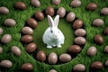 An Easter bunny sits in the center of a circle of chocolate Easter eggs lying on the grass, Generative AI.