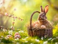 The Easter bunny sits next to a vibrant assortment of eggs and a bouquet of tulips