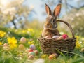 The Easter bunny sits next to a vibrant assortment of eggs and a bouquet of tulips