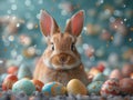 Easter bunny sitting surrounded easter eggs, easter card. space for text Royalty Free Stock Photo