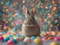 Easter bunny sitting surrounded easter eggs, easter card. space for text Royalty Free Stock Photo