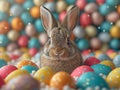 Easter bunny sitting surrounded easter eggs, easter card. space for text Royalty Free Stock Photo