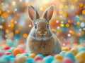 Easter bunny sitting surrounded easter eggs, easter card. space for text Royalty Free Stock Photo