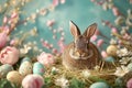 Easter bunny sitting surrounded painted Easter eggs and spring flowers decoration . space for text Royalty Free Stock Photo