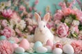 Easter bunny sitting surrounded painted Easter eggs and spring flowers decoration . space for text Royalty Free Stock Photo