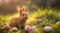Easter bunny sitting surrounded painted Easter eggs and spring flowers in meadow. space for text Royalty Free Stock Photo