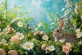 Easter bunny sitting surrounded painted Easter eggs and spring flowers in meadow. space for text Royalty Free Stock Photo