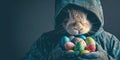 Easter bunny smuggler opened his cloak to reveal hidden eggs , concept of Surprise discovery