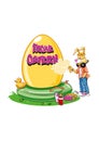 Easter bunny is spraying Frohe Ostern on egg