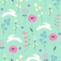 Easter bunny with spring flowers seamless pattern on green background.