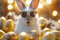 Easter bunny, stylish shades, golden eggs a playful scene
