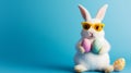 Easter bunny with sunglasses and eggs on blue background holiday card Royalty Free Stock Photo